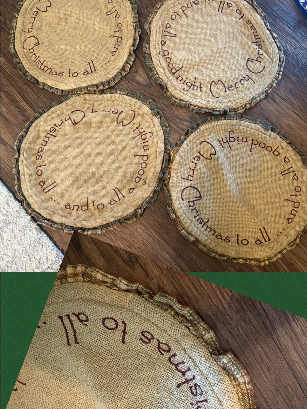 Set of 4 Rustic Christmas Burlap Placemats with Plaid edging